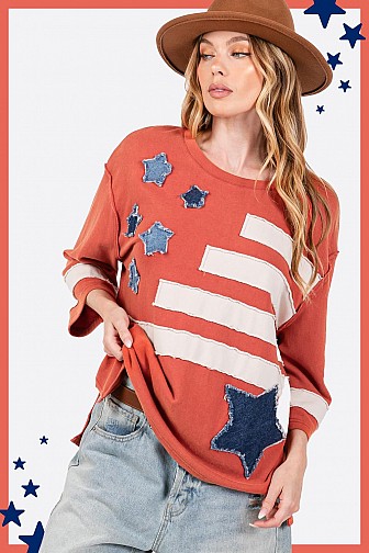 DENIM STAR PATCH HALF SLEEVES TOP