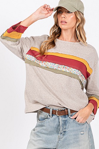 FRENCH TERRY COLOR BLOCK 3/4 SLEEVES TOP