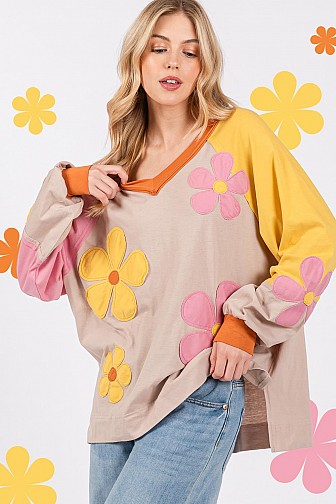 MULTI DAISY PATCH APPLIQUE LONG SLEEVES TOP