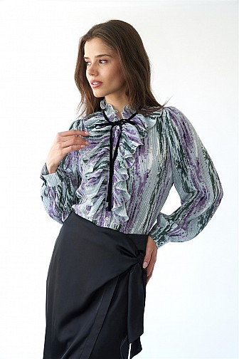 PLEATED BOW TIE LONG SLEEVE BLOUSE