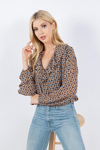 GEOMETRIC PRINT RUFFLE FRONT BLOUSE