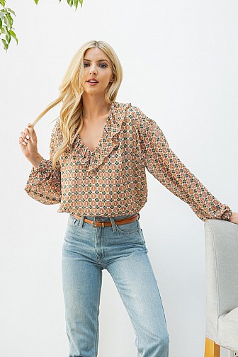 GEOMETRIC PRINT RUFFLE FRONT BLOUSE