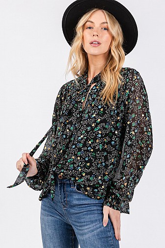 TIE NECK LONG SLEEVES FLORAL PRINT BLOUSE