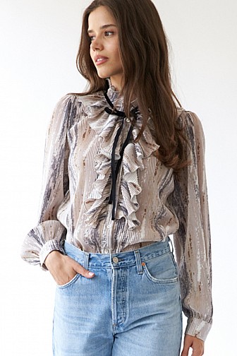 PLEATED BOW TIE LONG SLEEVE BLOUSE