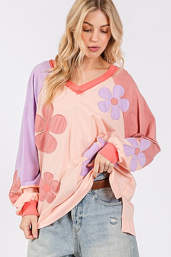 MULTI DAISY PATCH APPLIQUE LONG SLEEVES TOP