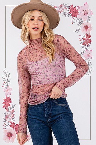 FLORAL MESH LONG SLEEVE TURTLE NECK