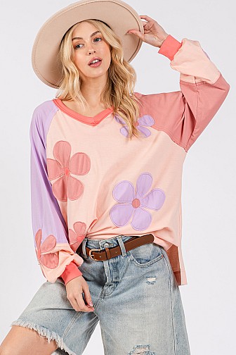 MULTI DAISY PATCH APPLIQUE LONG SLEEVES TOP