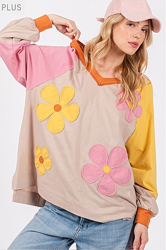 MULTI DAISY PATCH APPLIQUE LONG SLEEVES TOP