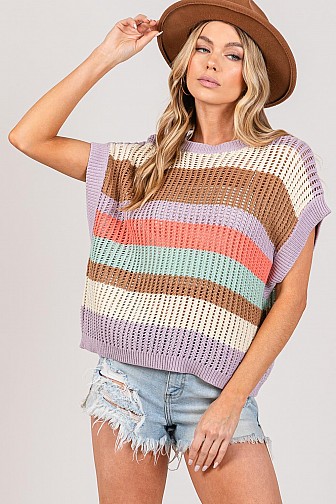 MULTI COLOR BLOCK STRIPE SUMMER CROCHET SWEATER