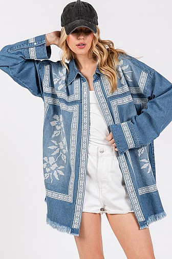 EMBROIDERED OVERSIZE DENIM SNAP-UP SHIRT