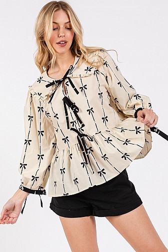 TIE FRONT BOW PRINT TOP