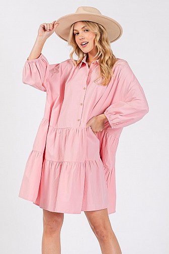 OVERSIZED BUTTON FRONT PUFF SLEEVE MINI DRESS