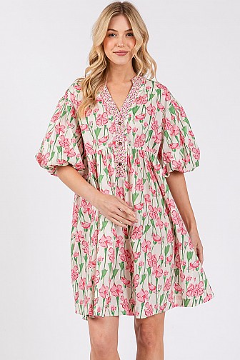 HALF BUTTON BUBBLE SLEEVE FLORAL MIDI DRESS