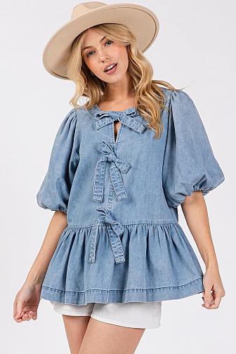 DENIM FRONT BOW TIE BLOUSE