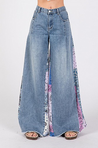 DENIM PALAZZO PANTS WITH PAISLEY PRINT SIDE