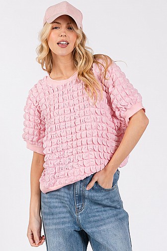 WAFFLE TEXTURE PUFF SLEEVES TOP