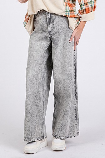 FADED DENIM COTTON WIDE-LEG JEANS