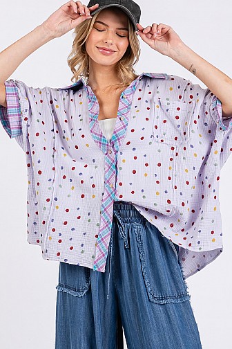 POLKA DOT GAUZY BUTTON-DOWN BLOUSE