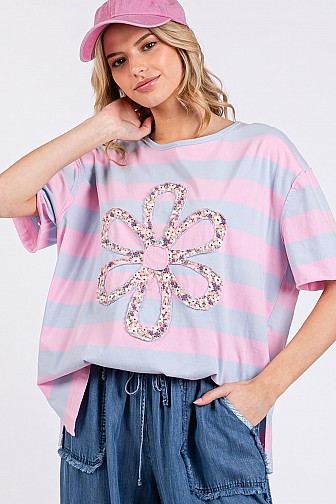 MULTI STRIPE TOP WITH DAISY APPLIQUE PATCH