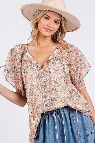 CHIFFON SHORT SLEEVES FLORAL PRINT TOP