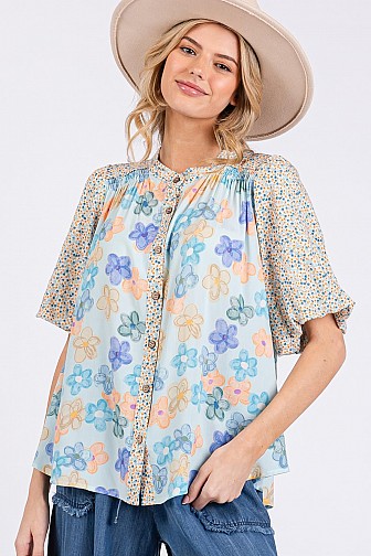 BUTTON DOWN SHIRT BUBBLE SLEEVES TOP