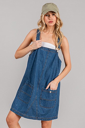 RELAXED FIT DENIM OVERALL DRESS WITH POCKETS