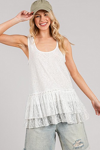 LACE RUFFLE SLEEVELESS TANK TOP