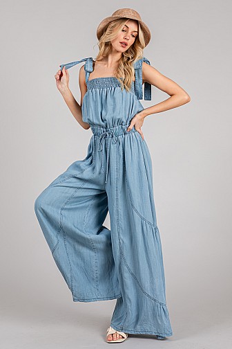 SMOCKED TIERED OVERALL DENIM JUMPSUIT