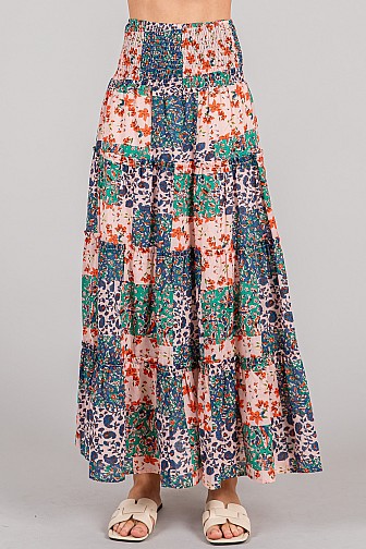 BOHO PATCHWORK SMOCKED MAXI SKIRT