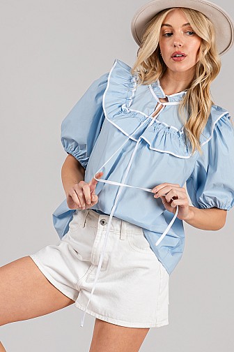 RUFFLE BOW PUFF SLEEVE BLOUSE