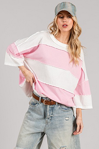 OVERSIZED COLORBLOCK RAW-EDGE STRIPED TEE