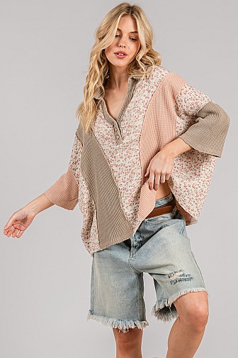 BOHO PATHCWORK WAFFLE KNIT HENLEY TOP