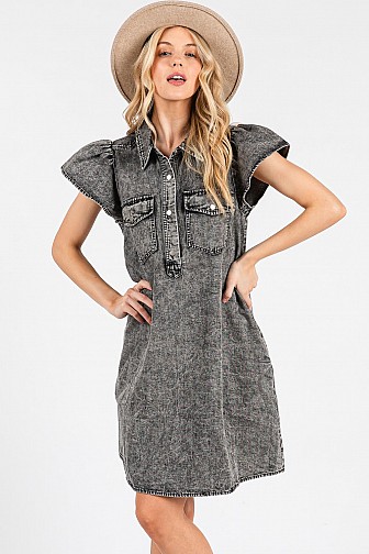 DISTRESSED DENIM BUTTON-FRONT SHIRT DRESS
