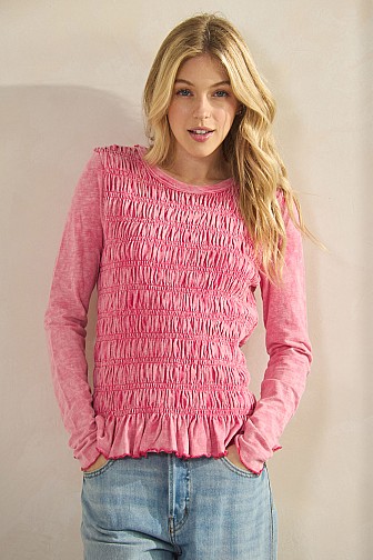 SMOCKED PEPLUM LONG SLEEVE TOP
