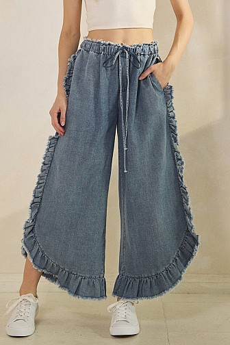  FRAYED RUFFLE HEM DENIM PANTS 