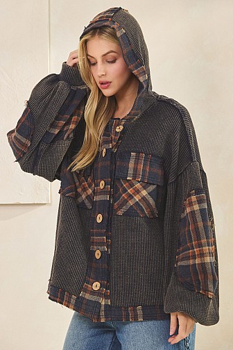 WAFFLE KNIT & PLAID MIXED BUTTON-UP SHACKET