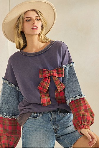 PLAID BOW DENIM SLEEVE PULLOVER
